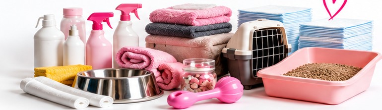 Čisticí prostředky, stelivo, deky, misky a hygienické podložky